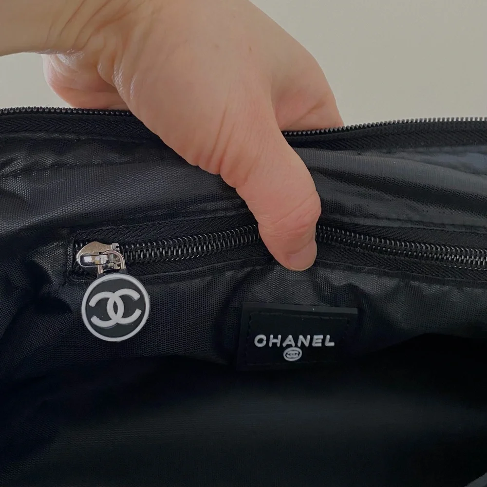 Brand New Chanel Black Nylon Large Makeup Bag/Pouch/Clutch with Wrist Strap